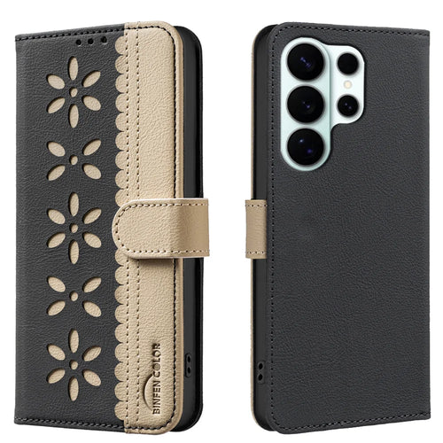 BINFEN COLOR For Samsung Galaxy S26 Ultra Leather Case  BF36 Floral Pattern Phone Cover RFID Blocking Wallet Stand - Black - 1