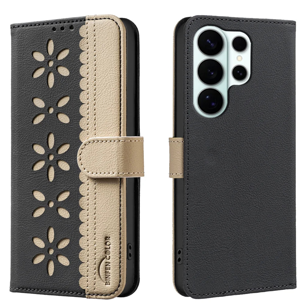 BINFEN COLOR For Samsung Galaxy S26 Ultra Leather Case  BF36 Floral Pattern Phone Cover RFID Blocking Wallet Stand - Black - 1