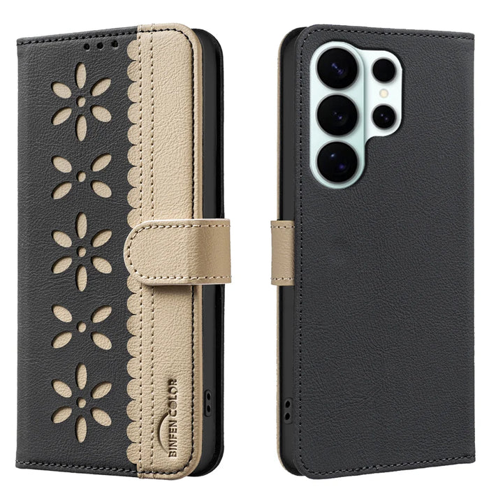 BINFEN COLOR For Samsung Galaxy S26 Ultra Leather Case  BF36 Floral Pattern Phone Cover RFID Blocking Wallet Stand - Black - 1