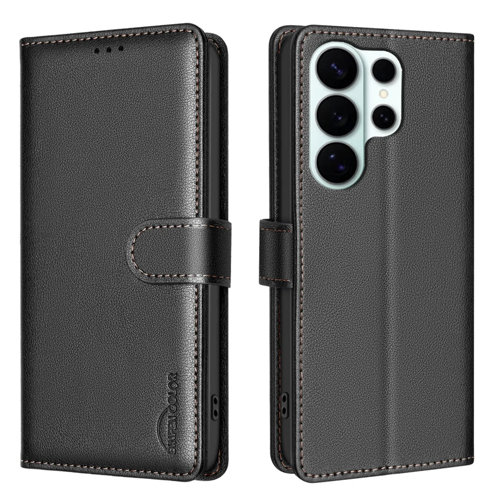 BINFEN COLOR For Samsung Galaxy S26 Ultra Leather Case  BF32 Wallet RFID Blocking Phone Cover - Black - 1