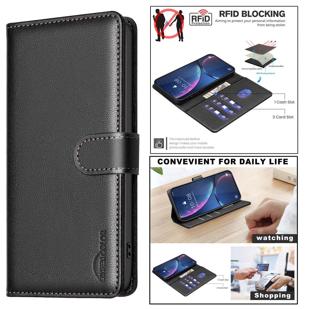 BINFEN COLOR For Samsung Galaxy S26 Ultra Leather Case  BF32 Wallet RFID Blocking Phone Cover - Black - 7