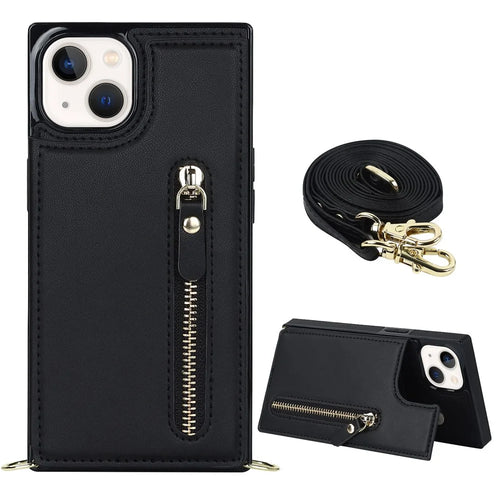 Shockproof Case for iPhone 13 6.1 inch Anti-Drop Wallet Phone Case TPU PU Leather Protective Cover with Zippered Pouch / Shoulder Strap - Black - 1