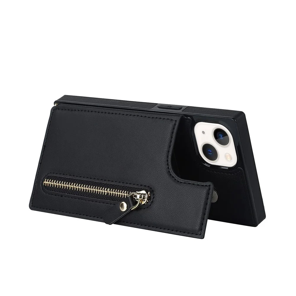 Shockproof Case for iPhone 13 6.1 inch Anti-Drop Wallet Phone Case TPU PU Leather Protective Cover with Zippered Pouch / Shoulder Strap - Black - 2