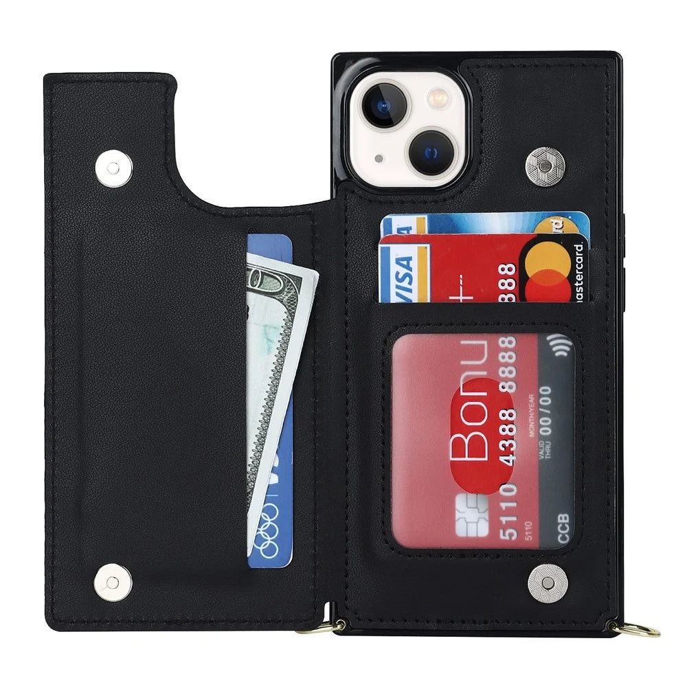 Shockproof Case for iPhone 13 6.1 inch Anti-Drop Wallet Phone Case TPU PU Leather Protective Cover with Zippered Pouch / Shoulder Strap - Black - 4