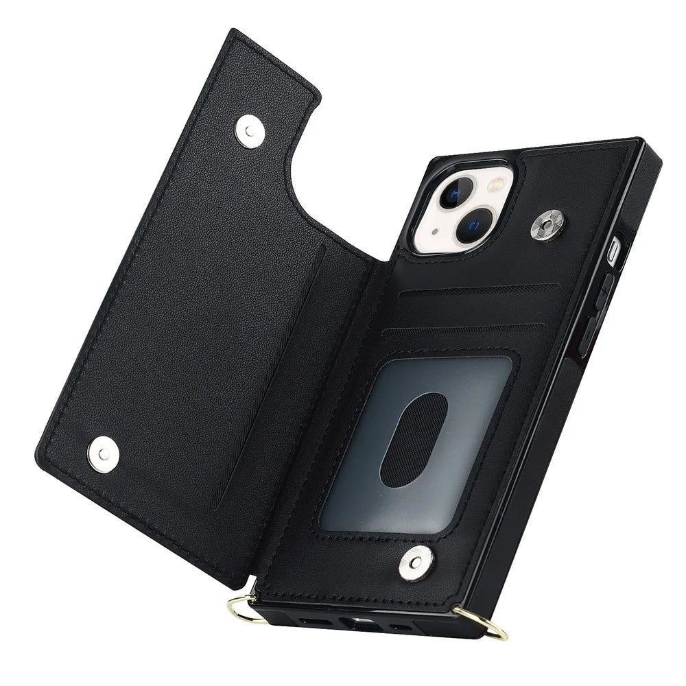 Shockproof Case for iPhone 13 6.1 inch Anti-Drop Wallet Phone Case TPU PU Leather Protective Cover with Zippered Pouch / Shoulder Strap - Black - 5