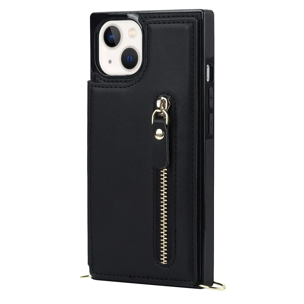 Shockproof Case for iPhone 13 6.1 inch Anti-Drop Wallet Phone Case TPU PU Leather Protective Cover with Zippered Pouch / Shoulder Strap - Black - 6