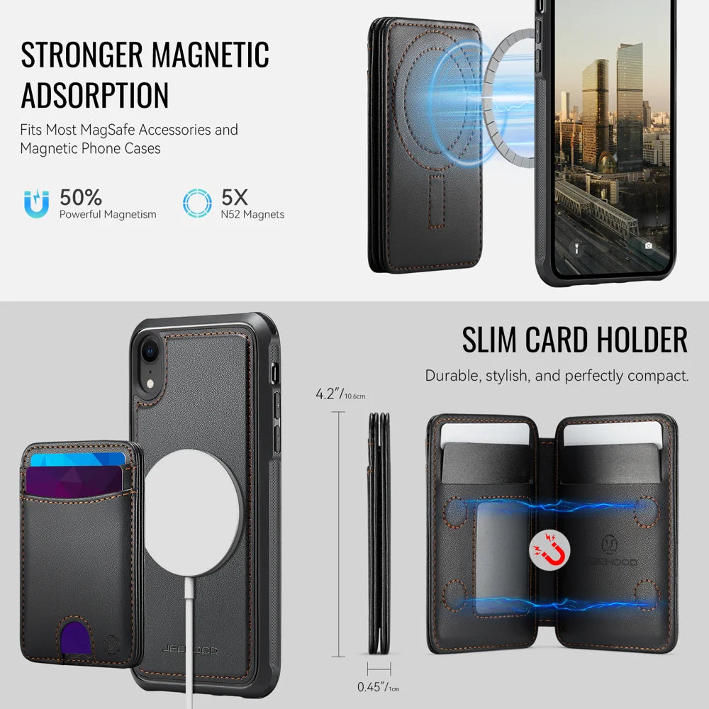JEEHOOD For iPhone XR 6.1 inch Case  J10  Compatible with MagSafe Leather Back Phone Cover with Detachable Card Holder Kickstand - Black - 6