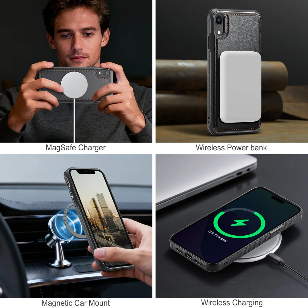 JEEHOOD For iPhone XR 6.1 inch Case  J10  Compatible with MagSafe Leather Back Phone Cover with Detachable Card Holder Kickstand - Black - 7