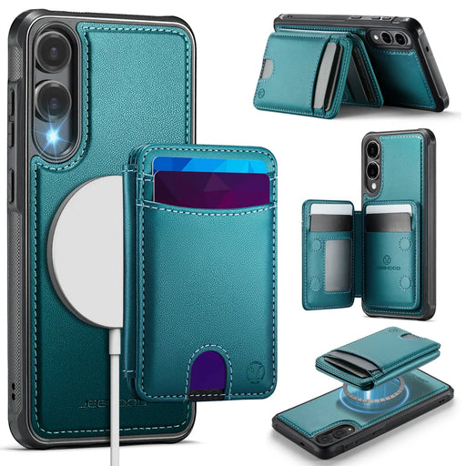 JEEHOOD For Samsung Galaxy S25 Edge Case  J10 Magnetic Case Leather Back Phone Cover with Detachable Card Holder Kickstand - Blue - 1
