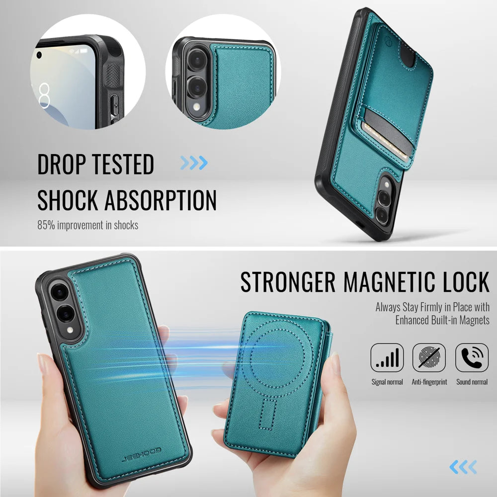 JEEHOOD For Samsung Galaxy S25 Edge Case  J10 Magnetic Case Leather Back Phone Cover with Detachable Card Holder Kickstand - Blue - 3