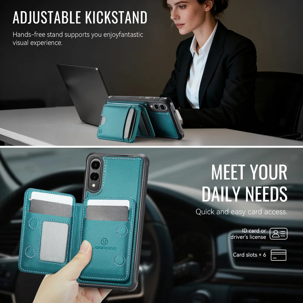 JEEHOOD For Samsung Galaxy S25 Edge Case  J10 Magnetic Case Leather Back Phone Cover with Detachable Card Holder Kickstand - Blue - 4