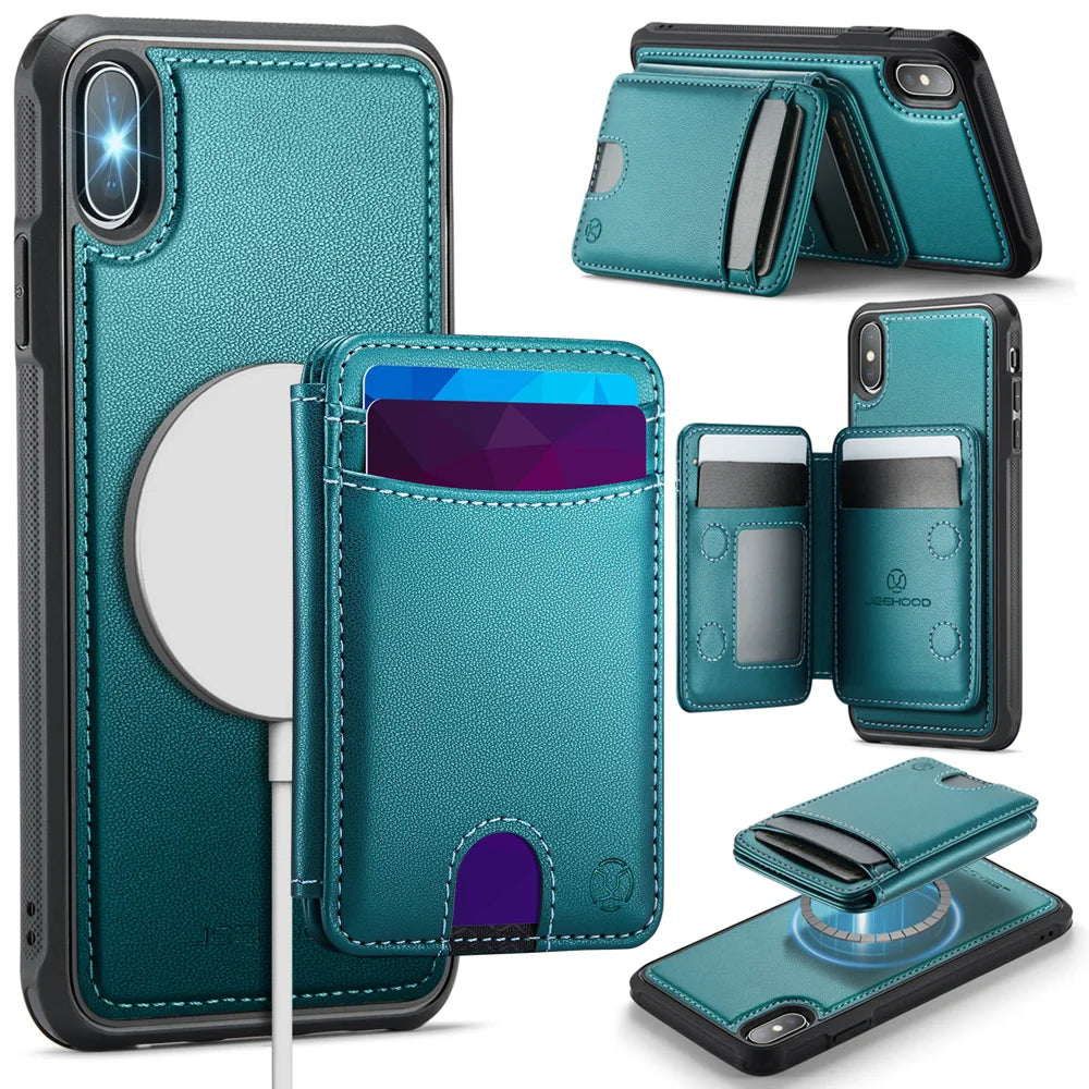 JEEHOOD For iPhone XS 5.8 inch / iPhone X Case  J10  Compatible with MagSafe Leather Back Phone Cover with Detachable Card Holder Kickstand - Blue - 1