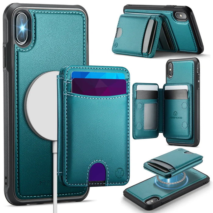 JEEHOOD For iPhone XS 5.8 inch / iPhone X Case  J10  Compatible with MagSafe Leather Back Phone Cover with Detachable Card Holder Kickstand - Blue - 1