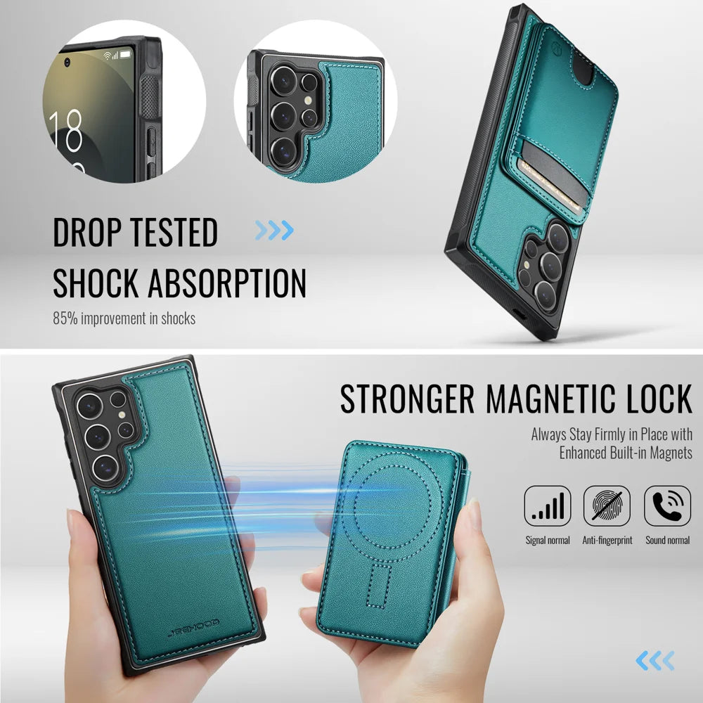 JEEHOOD For Samsung Galaxy S24 Ultra Case  J10  Magnetic Case Leather Back Phone Cover with Detachable Card Holder Kickstand - Blue - 3