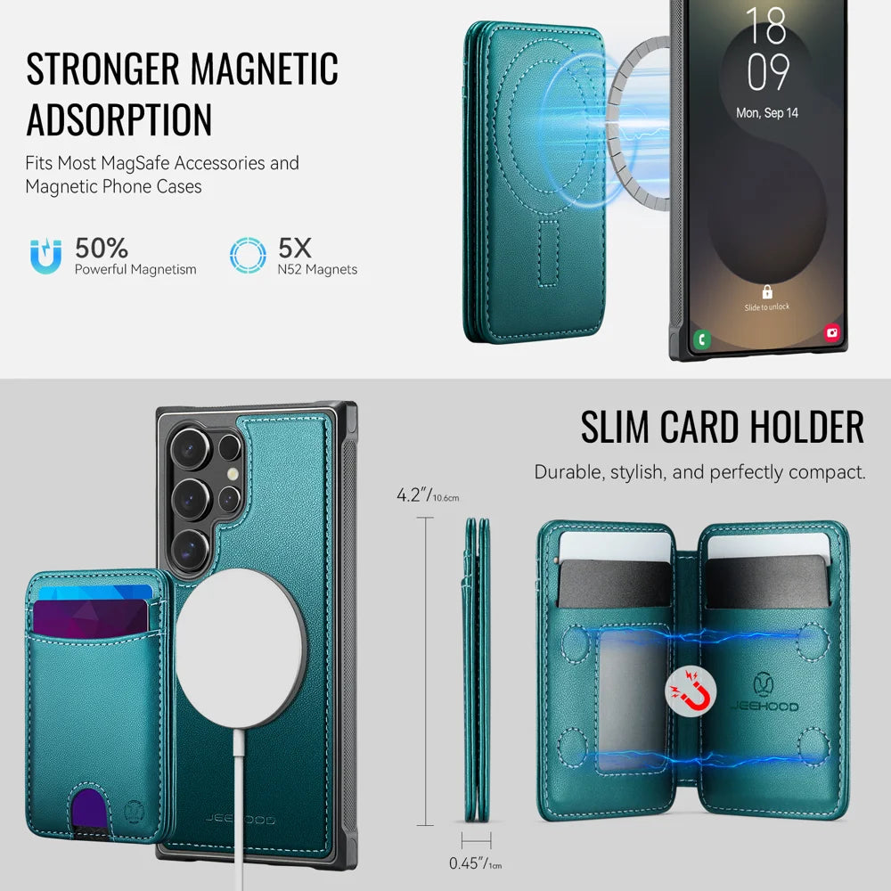 JEEHOOD For Samsung Galaxy S24 Ultra Case  J10  Magnetic Case Leather Back Phone Cover with Detachable Card Holder Kickstand - Blue - 6