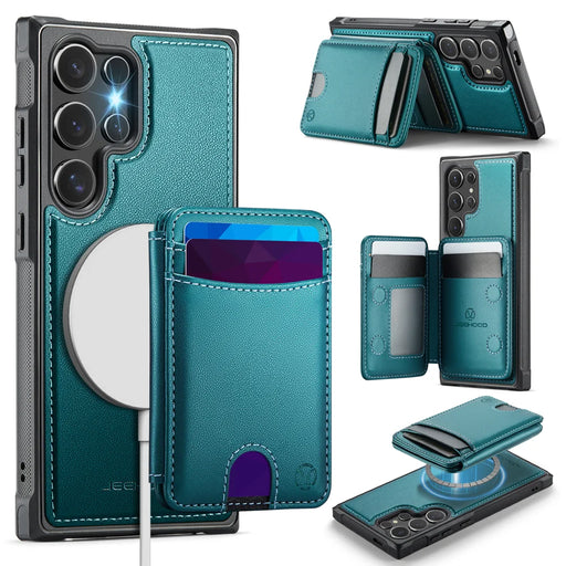 JEEHOOD For Samsung Galaxy S25 Ultra Case  J10 Magnetic Case Leather Back Phone Cover with Detachable Card Holder Kickstand - Blue - 1