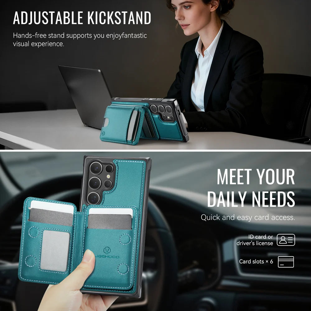 JEEHOOD For Samsung Galaxy S25 Ultra Case  J10 Magnetic Case Leather Back Phone Cover with Detachable Card Holder Kickstand - Blue - 4