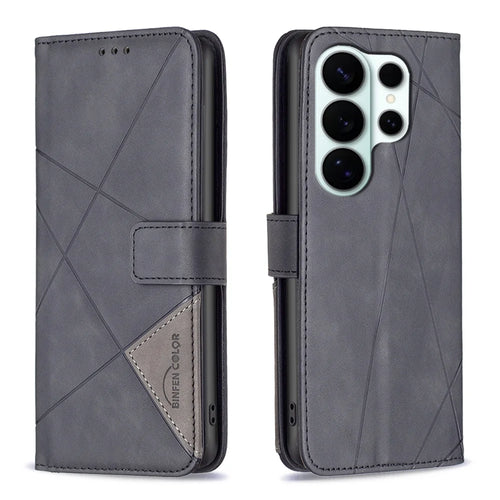 BINFEN COLOR For Samsung Galaxy S26 Ultra Phone Case  Wallet Stand Geometry Imprinted Leather Cover - Black - 1