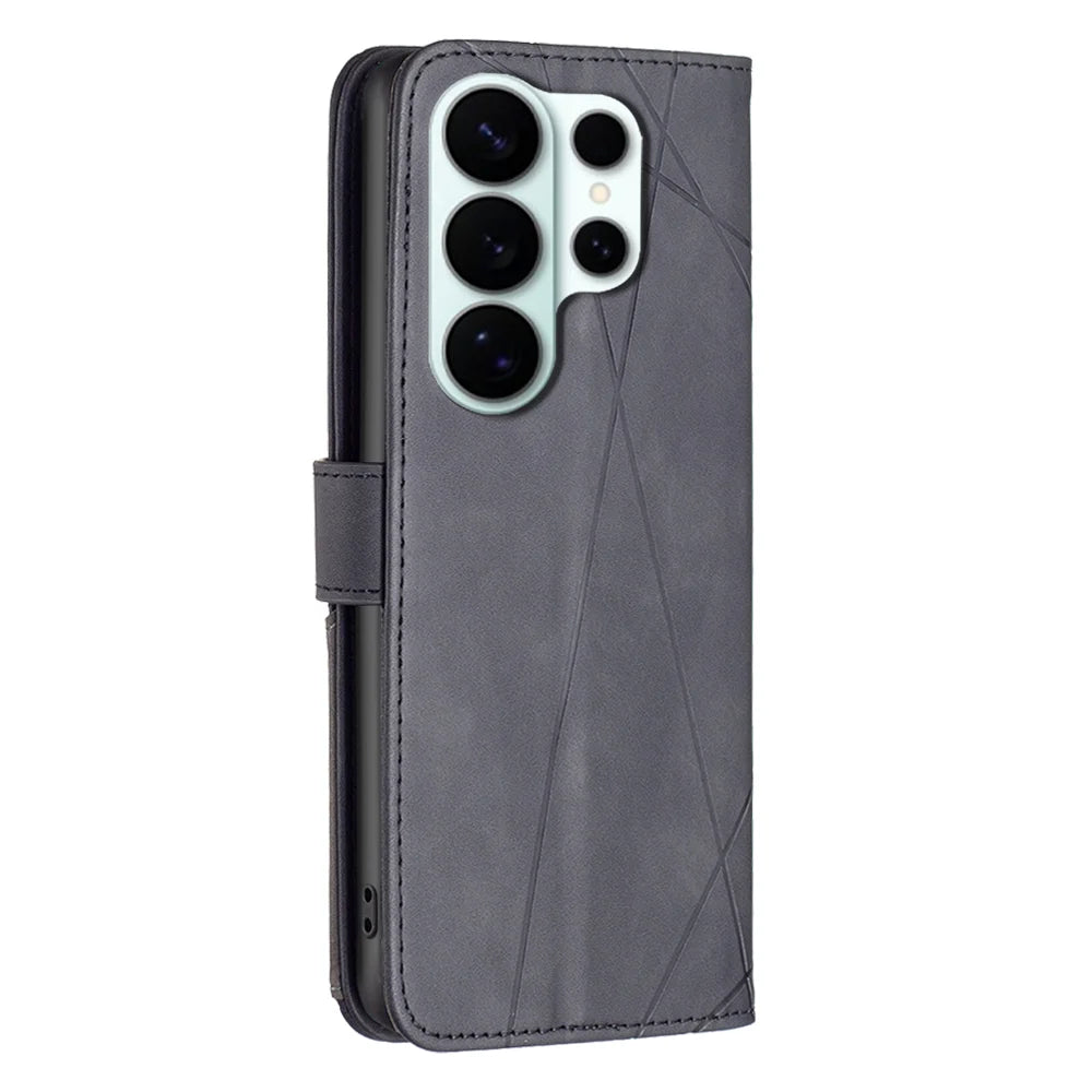 BINFEN COLOR For Samsung Galaxy S26 Ultra Phone Case  Wallet Stand Geometry Imprinted Leather Cover - Black - 3