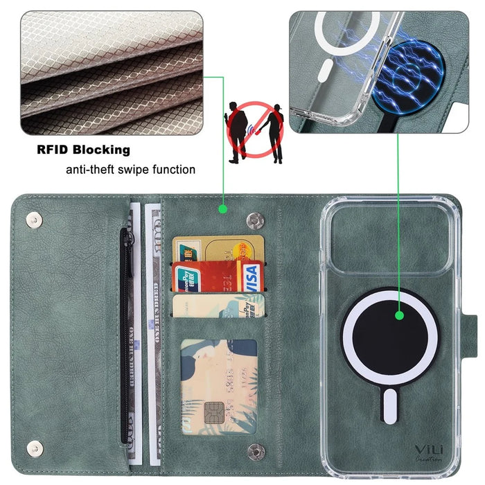 VILI GVB-C Series for iPhone 17 Pro Case Compatible with MagSafe RFID Blocking Detachable Leather Phone Cover - Green - 4