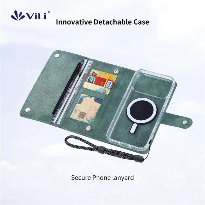 VILI GVB-C Series for iPhone 17 Pro Case Compatible with MagSafe RFID Blocking Detachable Leather Phone Cover - Green - 5