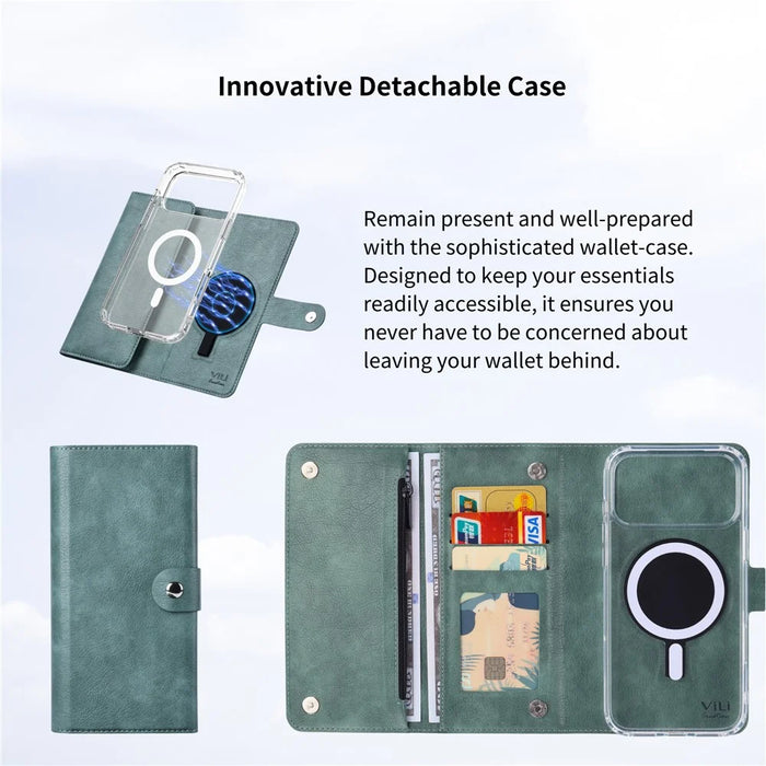 VILI GVB-C Series for iPhone 17 Pro Case Compatible with MagSafe RFID Blocking Detachable Leather Phone Cover - Green - 6