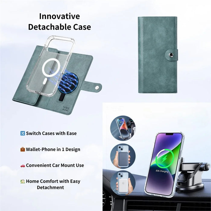 VILI GVB-C Series for iPhone 17 Pro Case Compatible with MagSafe RFID Blocking Detachable Leather Phone Cover - Green - 7