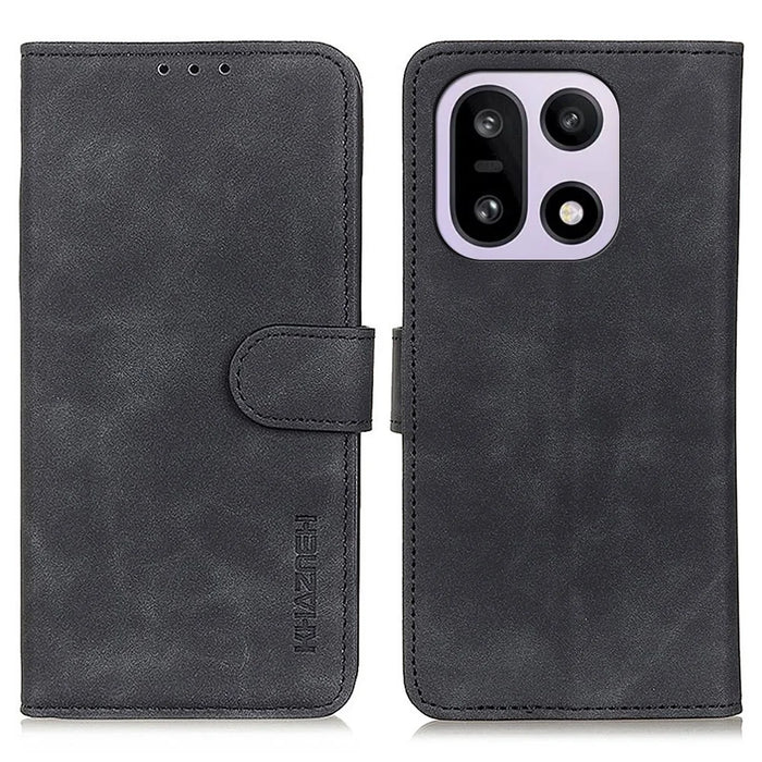 KHAZNEH For OnePlus 15 5G Case PU Leather Retro Texture Phone Cover - Black - 1