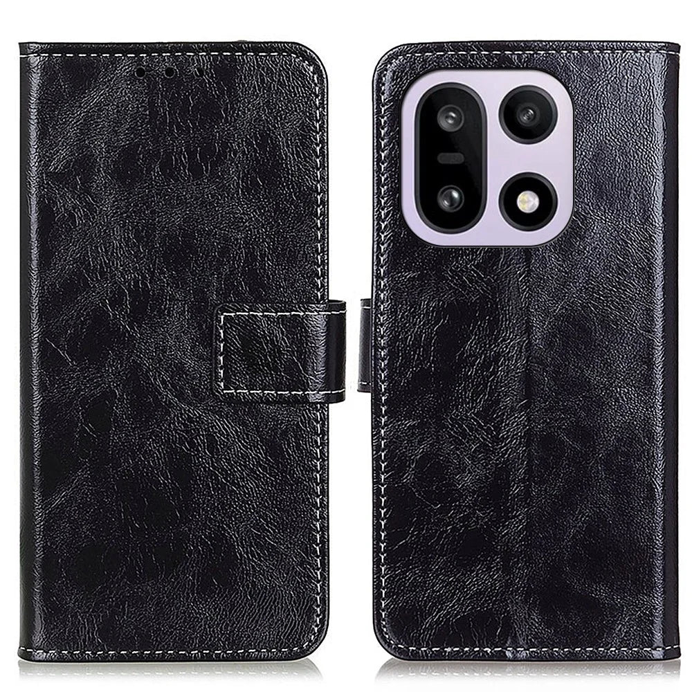 For OnePlus 15 5G Case Wallet Leather Phone Cover Crazy Horse Texture - Black - 1