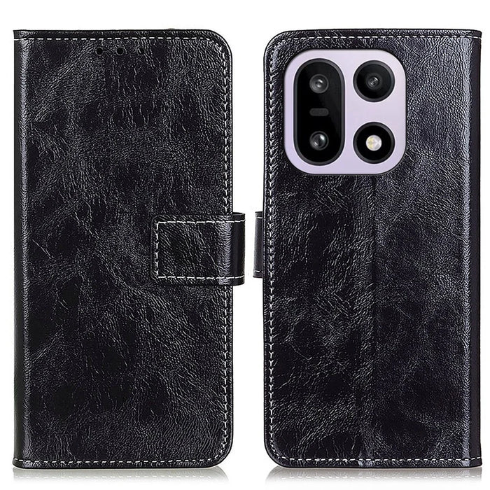 For OnePlus 15 5G Case Wallet Leather Phone Cover Crazy Horse Texture - Black - 1