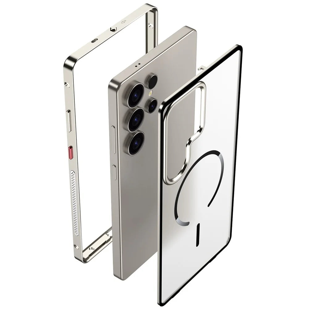 For Samsung Galaxy S23 Ultra Magnetic Case Aluminium Alloy PC Matte Phone Cover Pop-Up Snap Lock - Titanium - 4