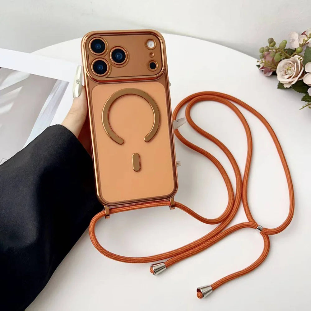 For iPhone 17 Pro Max Case Compatible with MagSafe Electroplating Edge TPU Phone Cover with Shoulder Strap - Orange - 1