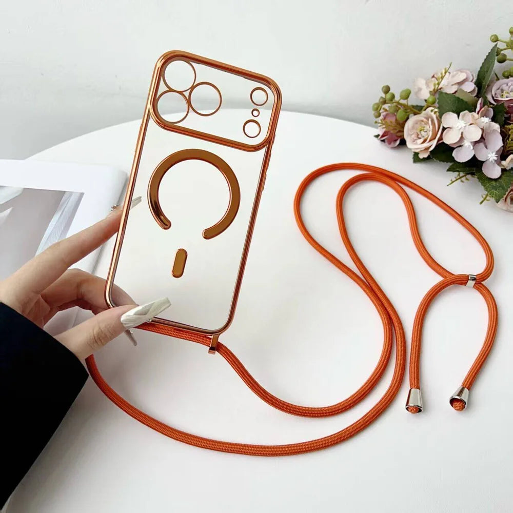 For iPhone 17 Pro Max Case Compatible with MagSafe Electroplating Edge TPU Phone Cover with Shoulder Strap - Orange - 4