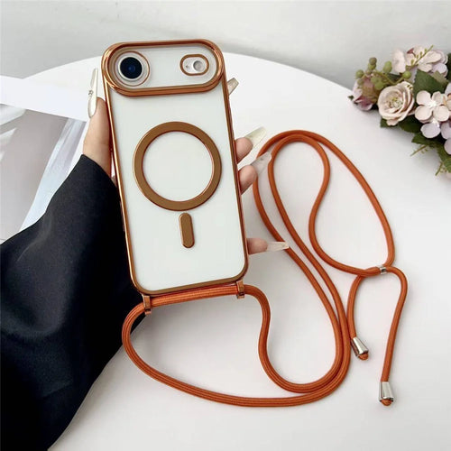 For iPhone Air Case Compatible with MagSafe Electroplating Edge TPU Phone Cover with Shoulder Strap - Orange - 1