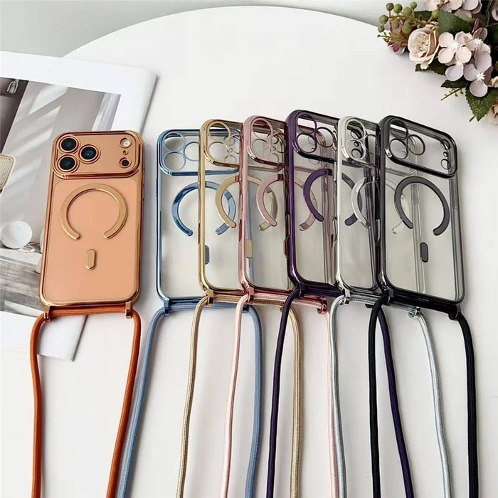 For iPhone Air Case Compatible with MagSafe Electroplating Edge TPU Phone Cover with Shoulder Strap - Orange - 2