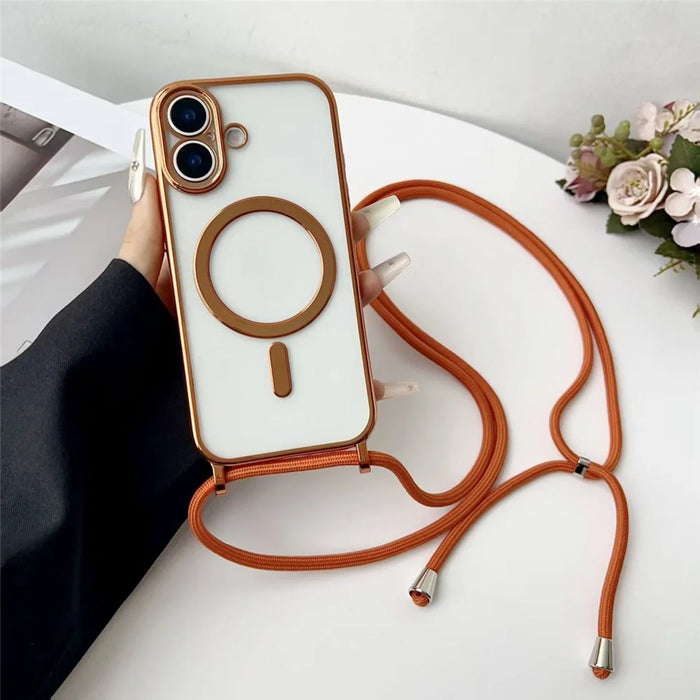 For iPhone 17 Case Compatible with MagSafe Electroplating Edge TPU Phone Cover with Shoulder Strap - Orange - 1