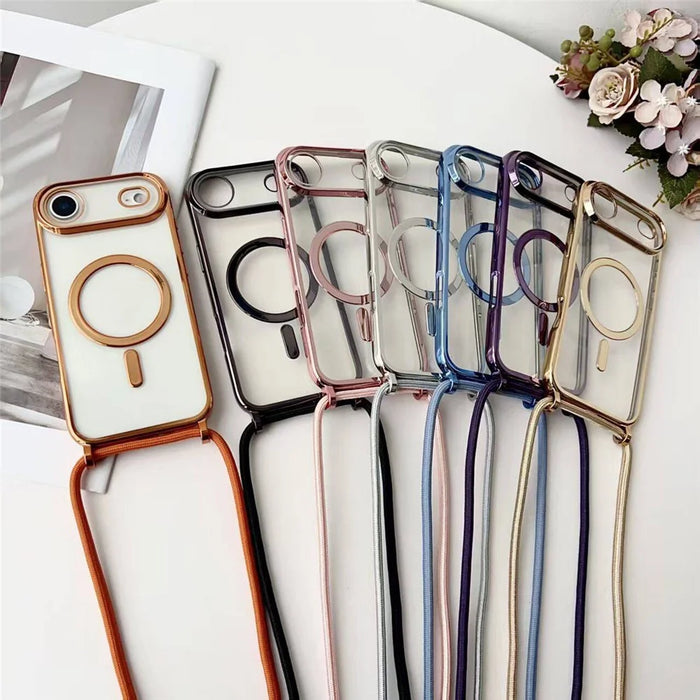 For iPhone 17 Case Compatible with MagSafe Electroplating Edge TPU Phone Cover with Shoulder Strap - Orange - 2