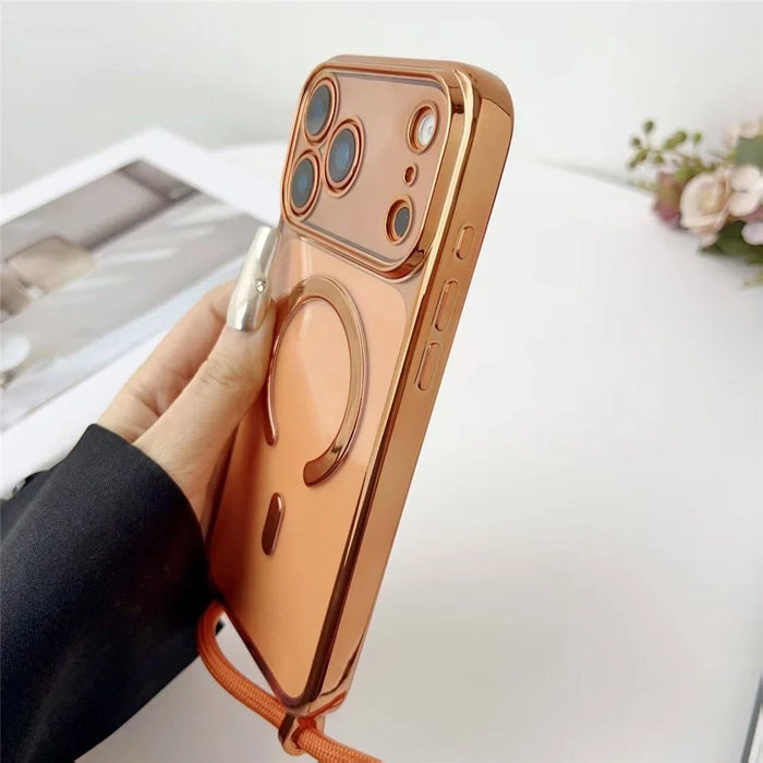 For iPhone 17 Case Compatible with MagSafe Electroplating Edge TPU Phone Cover with Shoulder Strap - Orange - 4