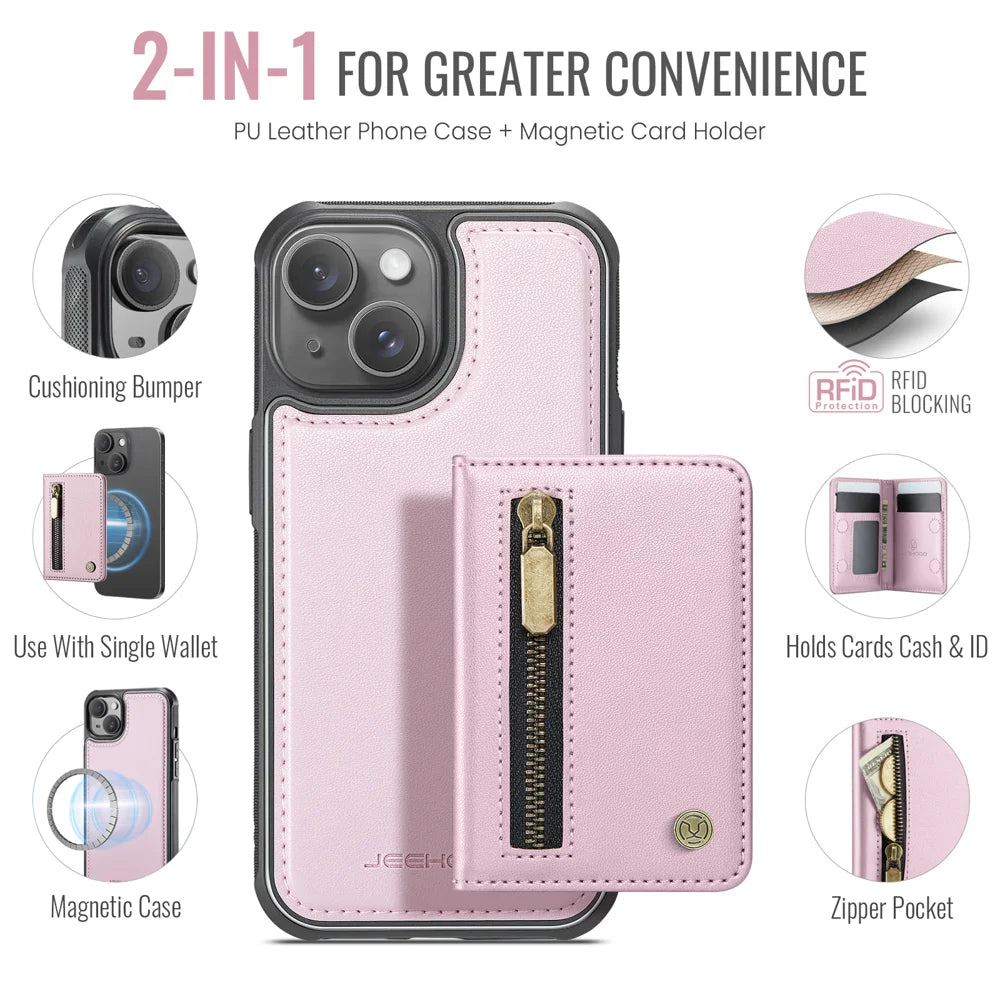 JEEHOOD For iPhone 15 Case  J12 Magnetic  Detachable Zipper Wallet Kickstand Leather Back Cover Compatible with MagSafe - Pink - 2
