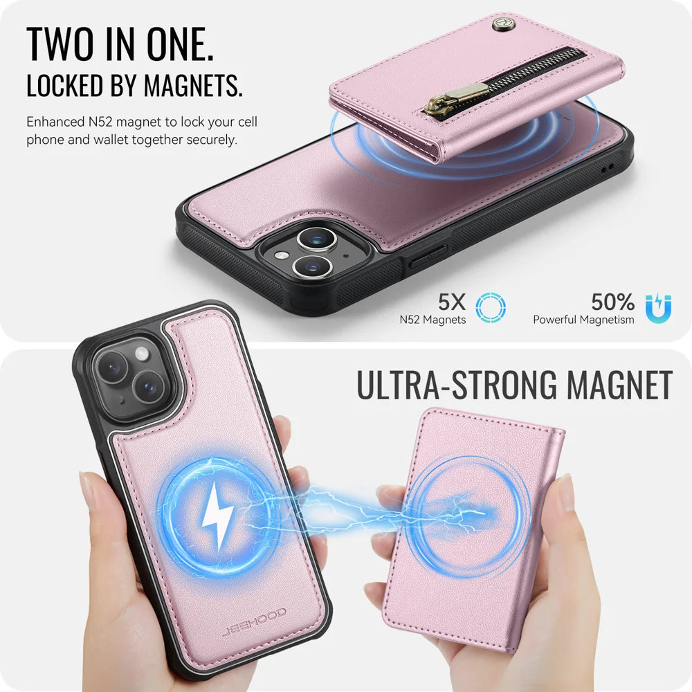 JEEHOOD For iPhone 15 Case  J12 Magnetic  Detachable Zipper Wallet Kickstand Leather Back Cover Compatible with MagSafe - Pink - 3