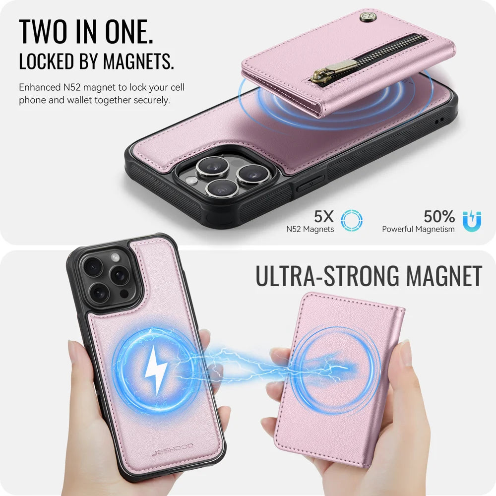 JEEHOOD For iPhone 15 Pro Case  J12 Magnetic  Detachable Zipper Wallet Kickstand Leather Back Cover Compatible with MagSafe - Pink - 3