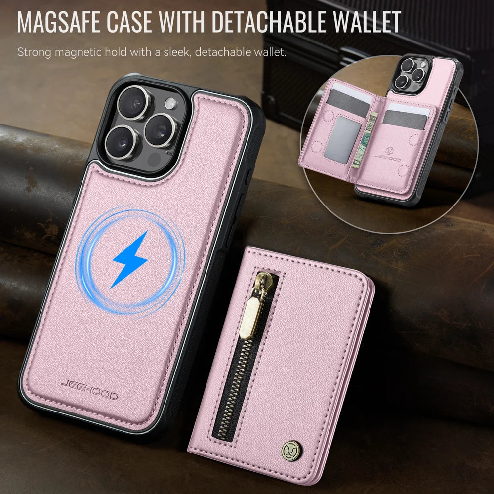 JEEHOOD For iPhone 15 Pro Case  J12 Magnetic  Detachable Zipper Wallet Kickstand Leather Back Cover Compatible with MagSafe - Pink - 4