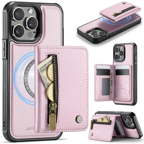 JEEHOOD For iPhone 15 Pro Max Case  J12 Magnetic  Detachable Zipper Wallet Kickstand Leather Back Cover Compatible with MagSafe - Pink - 1