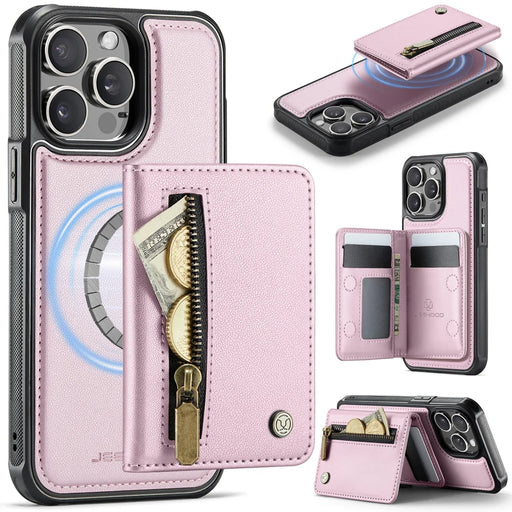 JEEHOOD For iPhone 15 Pro Max Case  J12 Magnetic  Detachable Zipper Wallet Kickstand Leather Back Cover Compatible with MagSafe - Pink - 1