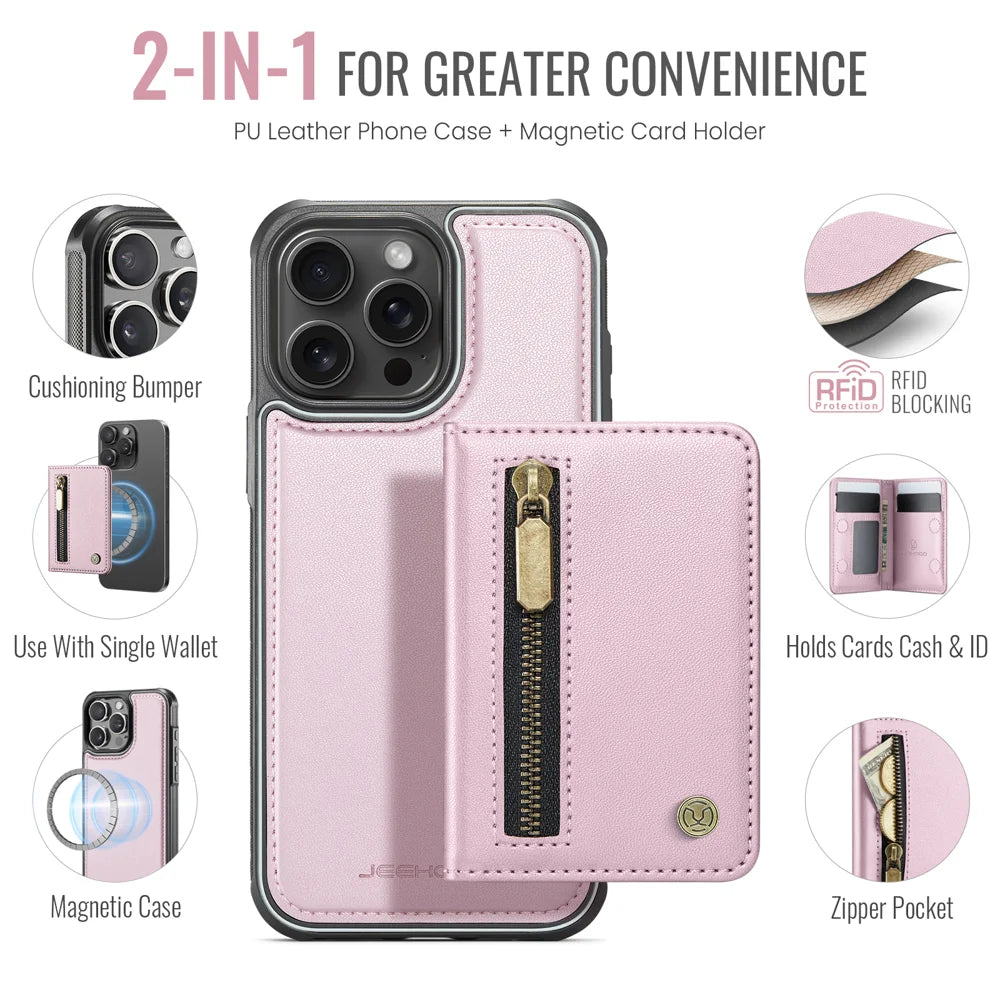 JEEHOOD For iPhone 15 Pro Max Case  J12 Magnetic  Detachable Zipper Wallet Kickstand Leather Back Cover Compatible with MagSafe - Pink - 2