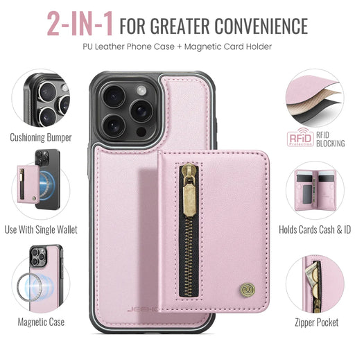 JEEHOOD For iPhone 15 Pro Max Case  J12 Magnetic  Detachable Zipper Wallet Kickstand Leather Back Cover Compatible with MagSafe - Pink - 2