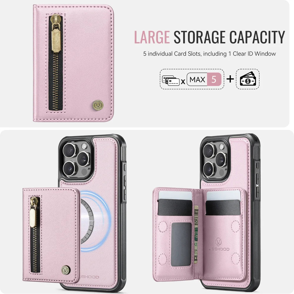 JEEHOOD For iPhone 15 Pro Max Case  J12 Magnetic  Detachable Zipper Wallet Kickstand Leather Back Cover Compatible with MagSafe - Pink - 5