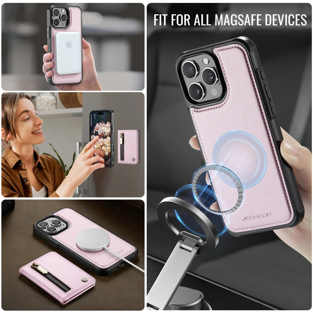 JEEHOOD For iPhone 15 Pro Max Case  J12 Magnetic  Detachable Zipper Wallet Kickstand Leather Back Cover Compatible with MagSafe - Pink - 6