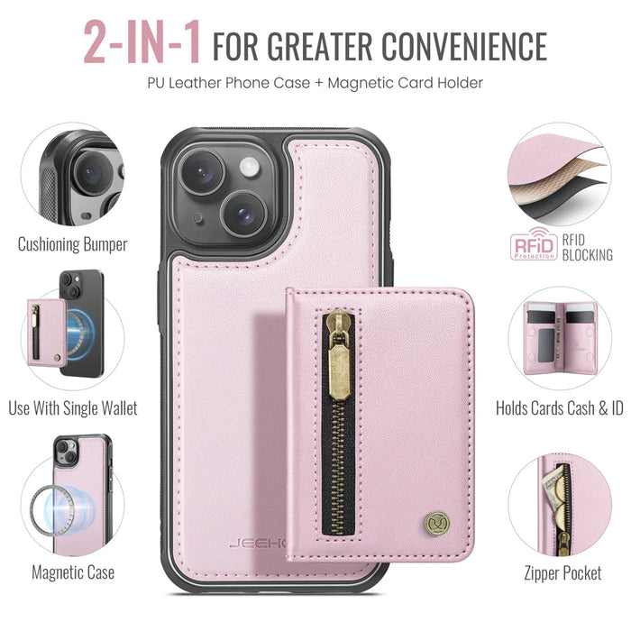 JEEHOOD For iPhone 15 Plus / iPhone 14 Plus Case  J12 Magnetic  Detachable Zipper Wallet Kickstand Leather Back Cover Compatible with MagSafe - Pink - 2