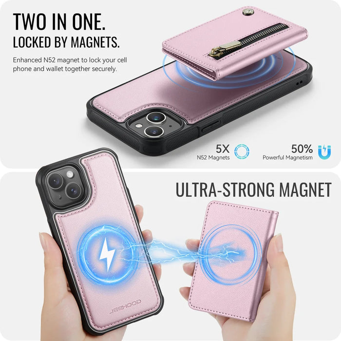 JEEHOOD For iPhone 15 Plus / iPhone 14 Plus Case  J12 Magnetic  Detachable Zipper Wallet Kickstand Leather Back Cover Compatible with MagSafe - Pink - 3